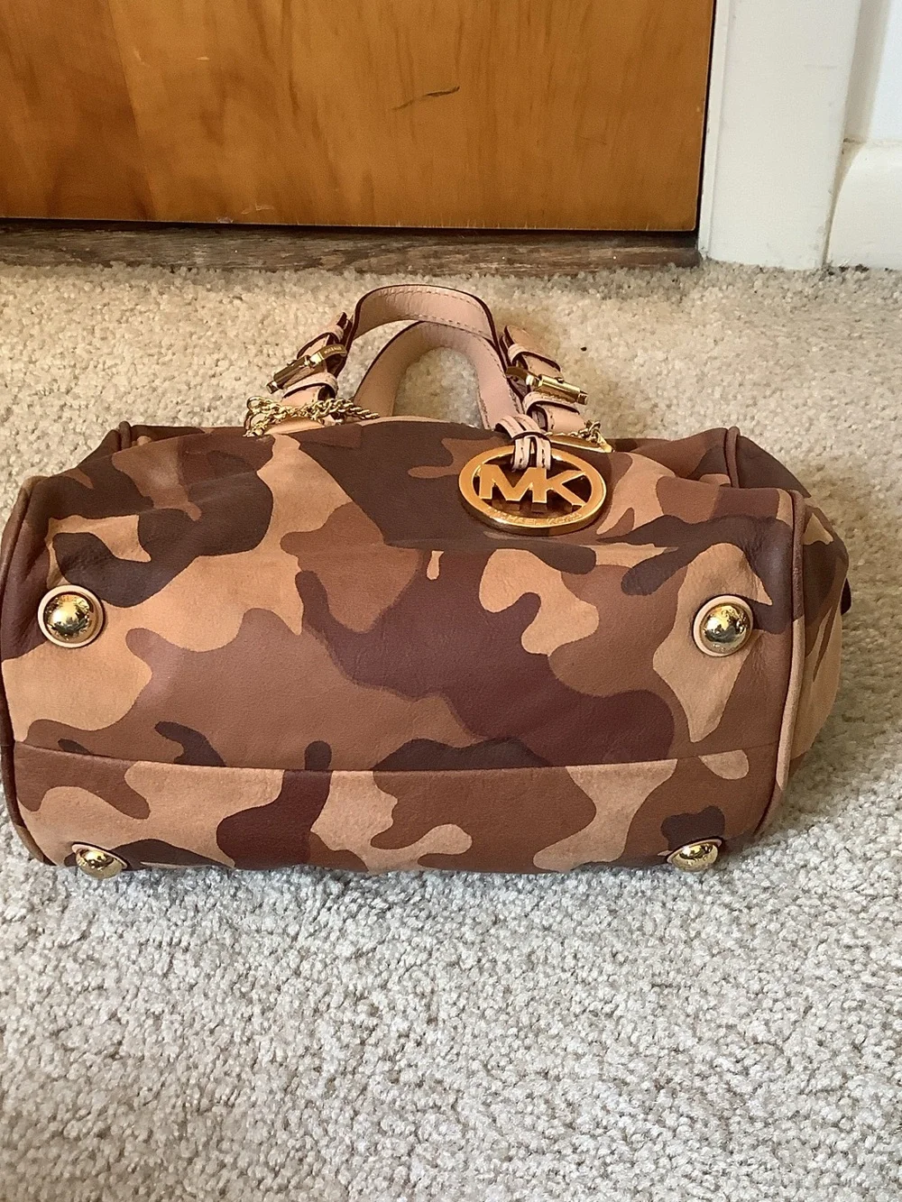 Michael Kors Brown & Tan Camo Satchel with Gold Hardware